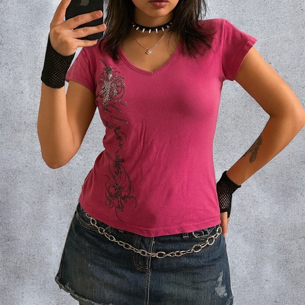 Vintage 2000s Oh! Major Attitude Pink Cross Tribal Graphic Tee Size Large